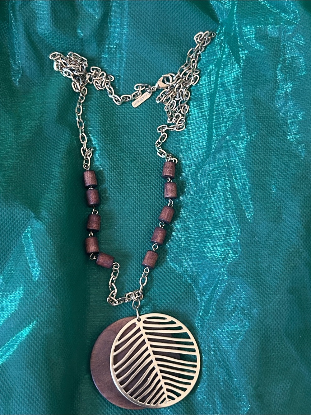 Lane Bryant Silver-Tone Leaf Pendant Necklace with Brown Wooden Beads